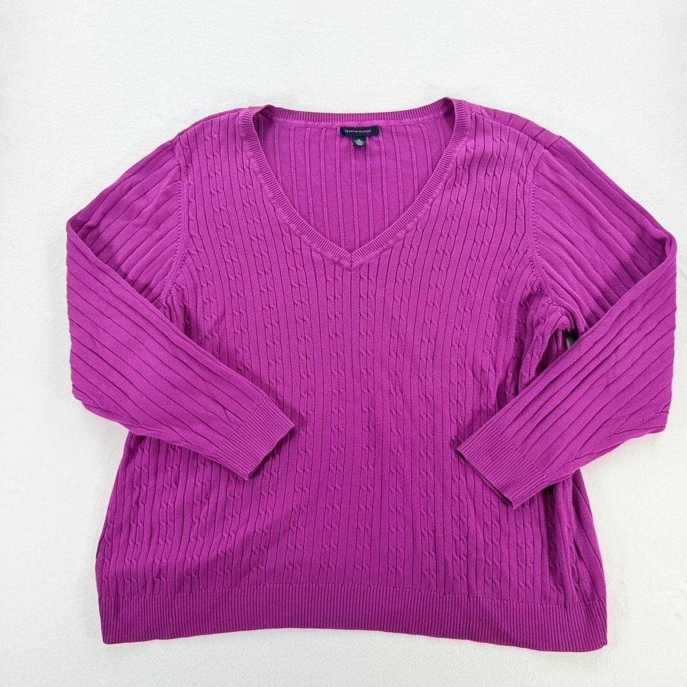 Tommy Hilfiger Sweater Womens 3X Pink Cable Knit V Neck Pullover Long Sleeve